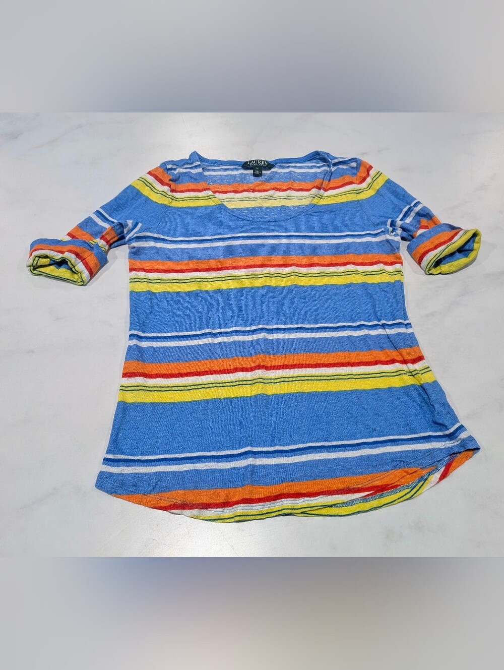 Lauren Ralph Lauren Blue Striped Short Sleeve Tee with Multicolor Bands